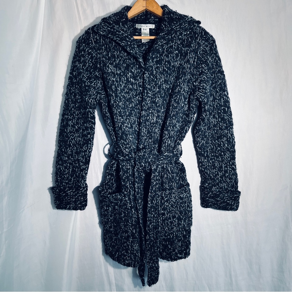 Nine West Chunky Marled Wool Blend Knit Long Belted Collared Wrap Cardigan - S